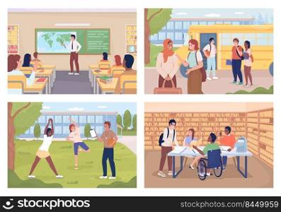 Daily routine of school students flat color vector illustration set. School education. Academic period. Fully editable 2D simple cartoon characters collection with school environment on background. Daily routine of school students flat color vector illustration set