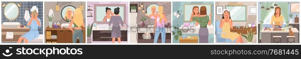 Daily routine of woman. Set of young woman activities. Everyday leisure. Cleansing, moisturizing, treating. Daily life scenes. Various spa procedures. Face care. Vector illustration in flat style. Daily routine of woman. Everyday leisure. Cleansing, moisturizing, treating. Daily life scenes. Various spa procedures