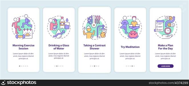 Daily routine onboarding mobile app screen. Selfcare for wellness walkthrough 5 steps graphic instructions pages with linear concepts. UI, UX, GUI template. Myriad Pro-Bold, Regular fonts used. Daily routine onboarding mobile app screen