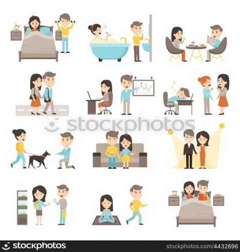 Daily Routine People Set. Icons people set of couple daily routine scenes from morning to evening cartoon isolated vector illustration