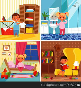 Daily routine. Various situations of time in day. Daily child routine, morning life activity, boy and girl situation every day illustration. Daily routine. Various situations of time in day