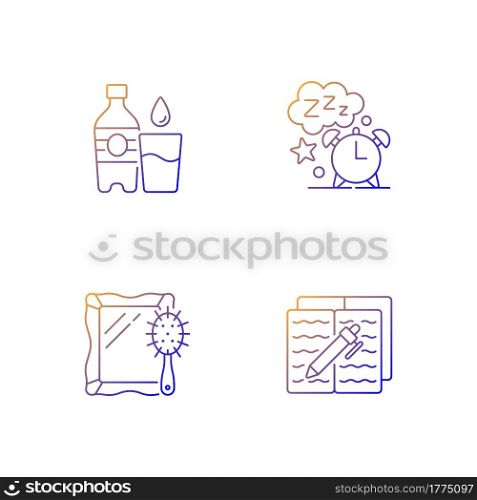 Daily schedule and routine gradient linear vector icons set. Watter bottle. Sleep time. Alarm clock. Thin line contour symbols bundle. Isolated vector outline illustrations collection. Daily schedule and routine gradient linear vector icons set