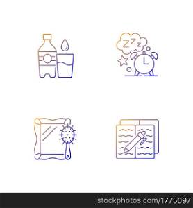 Daily schedule and routine gradient linear vector icons set. Watter bottle. Sleep time. Alarm clock. Thin line contour symbols bundle. Isolated vector outline illustrations collection. Daily schedule and routine gradient linear vector icons set