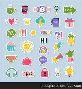Daily stickers. Planner journal trendy decor notebook reminder pictures coffee cup rainbow numbers and letters different words quotes recent vector illustrations. Planner and scrapbook, sticker diary. Daily stickers. Planner journal trendy decor notebook reminder pictures coffee cup rainbow numbers and letters different words quotes recent vector illustrations