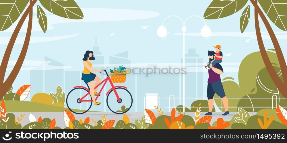 Daily Walk in Urban City Park and Happy People Cartoon Characters. Woman Riding Bicycle with Groceries Basket. Father Carrying Son on Shoulders Walking through Green Garden. Vector Flat Illustration. Daily Walk in Park and Happy People Characters