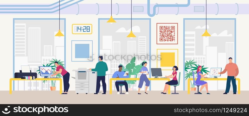 Daily Work and Office Routine Flat Vector Concept. Multinational Employees Sitting at Desk, Working on Computer, Doing Standard Paperwork, Communicating with Colleagues in Company Office Illustration