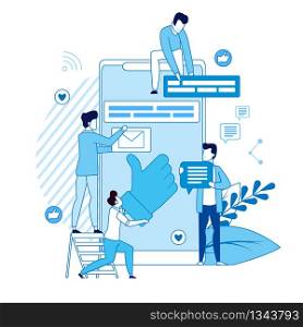 Daily Work Content Manager Vector Illustration. Man Sits Astride Large Smartphone. People Make Up an Online Page for Future Site. On Screen an Electronic Device Like, Cartoon Flat.