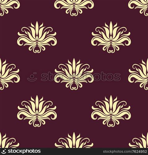 Dainty beige colored floral seamless pattern with decorative beige flower elements isolated over purple background in square format