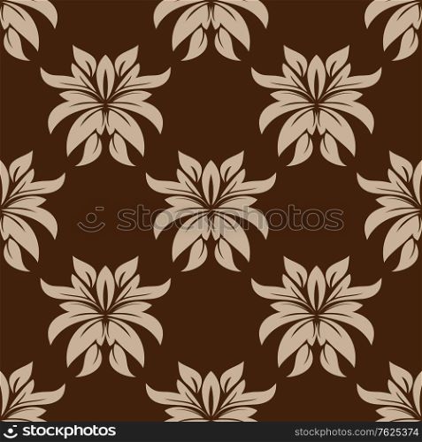 Dainty beige colored floral seamless pattern with decorative flower elements isolated over brown colored background in square format