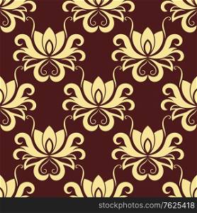 Dainty bold beige colored floral seamless pattern with decorative flower elements isolated over purple colored background in square format