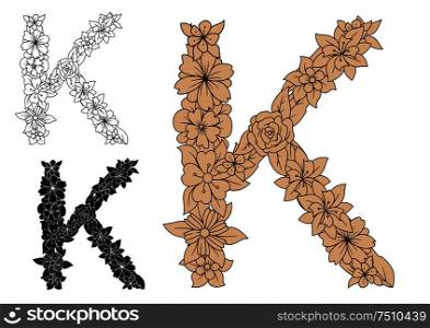 Dainty capital letter K with brown flowers, adorned by decorative foliage, for monogram design, isolated on white