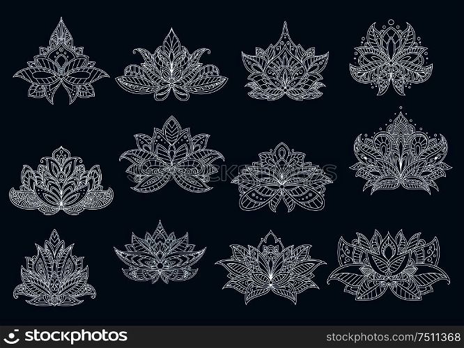 Dainty contoured paisley flowers with ornamental petals and leaves, adorned by openwork tracery in persian, turkish and indian style. Floral patterns for oriental carpet, tile or interior design . Paisley flowers with oriental openwork ornament