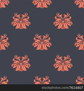 Dainty vintage damask style pattern with floral motifs in an salmon pink on a dark grey ground, seamless pattern. Dainty vintage damask style pattern