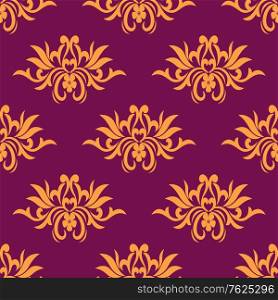 Dainty yellow colored floral seamless pattern with decorative flower elements isolated over maroon background in square format. Dainty floral seamless pattern