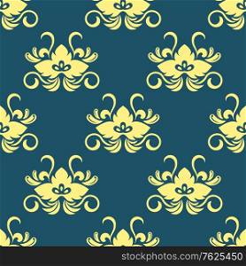 Dainty yellow colored floral seamless pattern with decorative flower elements isolated over blue colored background. Dainty floral seamless pattern