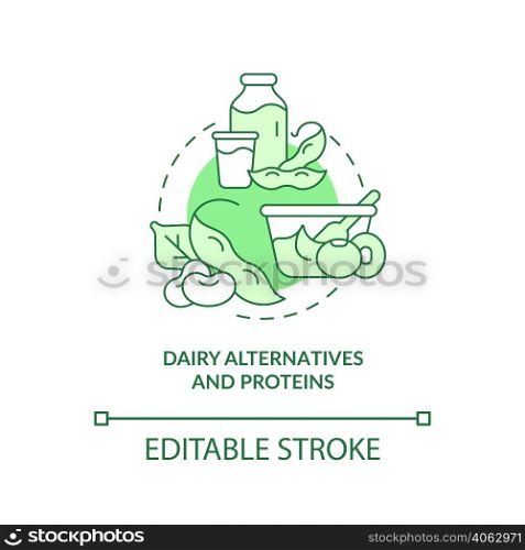 Dairy alternatives and proteins green concept icon. Tip for vegan lifestyle abstract idea thin line illustration. Isolated outline drawing. Editable stroke. Arial, Myriad Pro-Bold fonts used. Dairy alternatives and proteins green concept icon