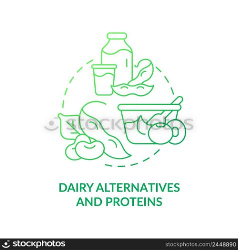 Dairy alternatives and proteins green gradient concept icon. Soy substitute. Tip for vegan lifestyle abstract idea thin line illustration. Isolated outline drawing. Myriad Pro-Bold font used. Dairy alternatives and proteins green gradient concept icon
