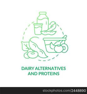 Dairy alternatives and proteins green gradient concept icon. Soy substitute. Tip for vegan lifestyle abstract idea thin line illustration. Isolated outline drawing. Myriad Pro-Bold font used. Dairy alternatives and proteins green gradient concept icon