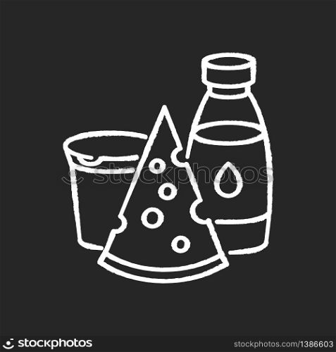 Dairy chalk white icon on black background. Cheese slice. Milk in glass bottle. Yogurt in plastic container. Healthy and nutritious eating. Lactose products. Isolated vector chalkboard illustration. Dairy chalk white icon on black background