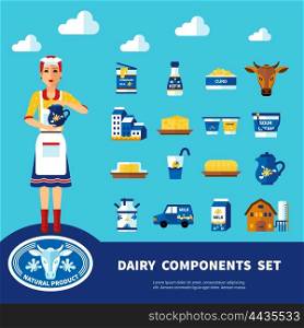 Dairy Components Set. Dairy components set with icons of different natural products of milk and farm objects isolated vector illustration