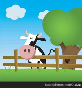 Dairy cow in a field. illustration of a dairy cow in a green field, standing behind a fence