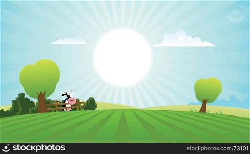 Dairy Cow In Summer Landscape. Illustration of a spring or summer season landscape with dairy cow