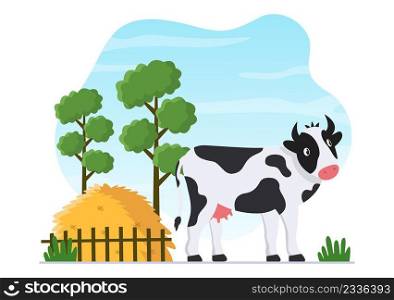Dairy Cows Pictures with a View of a Meadow or a Farm in the Countryside to Eat Grass in an Illustration Flat Style
