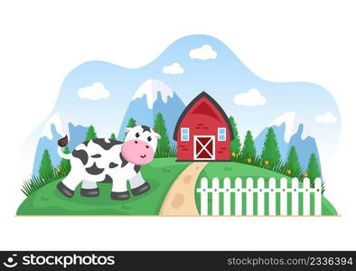 Dairy Cows Pictures with a View of a Meadow or a Farm in the Countryside to Eat Grass in an Illustration Flat Style