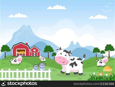 Dairy Cows Pictures with a View of a Meadow or a Farm in the Countryside to Eat Grass in an Illustration Flat Style