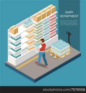 Dairy department concept with milk products in shop symbols isometric vector illustration