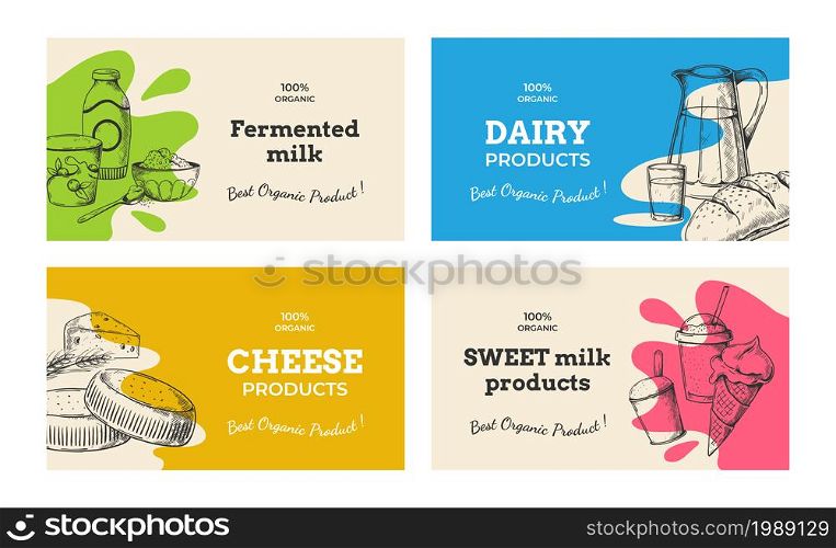 Dairy food poster. Hand drawn milk products label. Organic farm meal package design mockup with engraving sketch of butter cheese and sweet yogurt. Fresh milky nutrition. Vector square stickers set. Dairy food poster. Hand drawn milk products label. Organic meal package design with engraving sketch of butter cheese and sweet yogurt. Fresh milky nutrition. Vector square stickers set