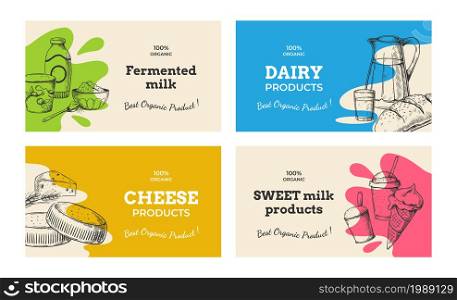 Dairy food poster. Hand drawn milk products label. Organic farm meal package design mockup with engraving sketch of butter cheese and sweet yogurt. Fresh milky nutrition. Vector square stickers set. Dairy food poster. Hand drawn milk products label. Organic meal package design with engraving sketch of butter cheese and sweet yogurt. Fresh milky nutrition. Vector square stickers set