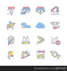 Dairy industry and cheese production RGB color icons set. Hand milking, manure and machinery process. Cattle, livestock animals. Industrial manufacture. Farming business. Isolated vector illustrations. Dairy industry and cheese production RGB color icons set