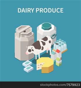 Dairy produce concept with cheese and milk symbols isometric vector illustration