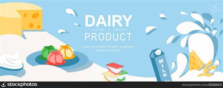 Dairy product horizontal web banner. Farm cheese, sour cream, ice cream balls, yogurt and milk in packaging, liquid splashes. Vector illustration for header website, cover templates in modern design