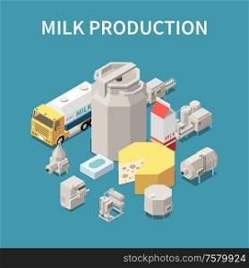 Dairy production concept with milk packaging and transportation symbols isometric vector illustration