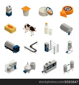 Dairy production milk factory isometric icons collection with isolated images of ready products and production facilities vector illustration. Milk Production Icon Set