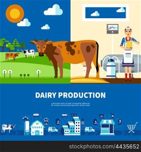 Dairy Production Set. Dairy production set with cows on field milk farm and business presentation isolated vector illustration