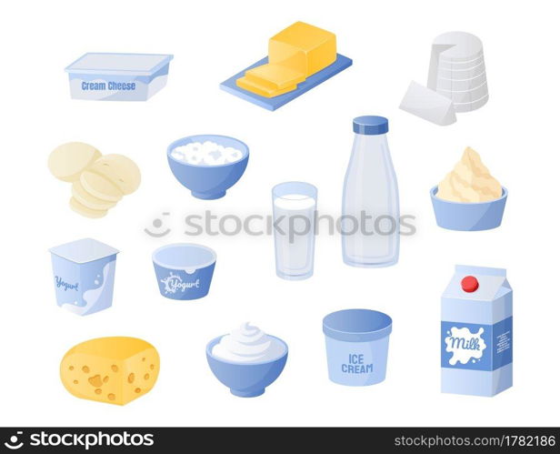 Dairy products. Cartoon bottles and glasses of milk. Cheese or butter slices. Jars of yogurt and cream. Isolated fresh organic meal collection. Natural ingredients. Vector healthy everyday food set. Dairy products. Cartoon bottles and glasses of milk. Cheese or butter. Jars of yogurt and cream. Fresh organic meal collection. Natural ingredients. Vector healthy everyday food set