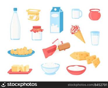 Dairy products. Cartoon milk in bottle, pack and glass, cheese yoghurt ice cream butter and creams, healthy breakfast meal. Vector farm milk products set of bottle product milk drink illustration. Dairy products. Cartoon milk in bottle, pack and glass, cheese yoghurt ice cream butter and creams, healthy breakfast meal. Vector farm milk products isolated set
