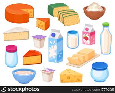 Dairy products. Cheese slices, milk in bottle, box and glass, yoghurt, butter, curd in bowl and cream. Cartoon farm milky food vector set. Dairy milk bottle and breakfast cheese product illustration. Dairy products. Cheese slices, milk in bottle, box and glass, yoghurt, butter, curd in bowl and cream. Cartoon farm milky food vector set