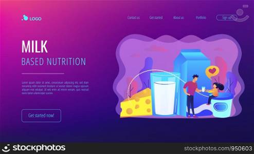 Dairy products, cheese, yoghurt and kid likes drinking milk, tiny people. Dairy products, milk based nutrition, dairy products production concept. Website homepage landing web page template.. Dairy products concept landing page.