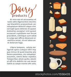 Dairy products farm food milk and cheese organic drink vector butter and curd eggs and kefir yogurt and sour cream jug and bottle pack and bowl, natural nutrition wooden tray and glass grocery. Milk and farm food dairy products organic drink