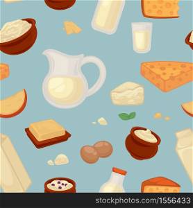 Dairy products farm food milk and cheese seamless pattern vector butter and curd eggs and kefir yogurt and sour cream endless, texture jug and bottle pack and bowl natural nutrition wallpaper print. Farm food milk and cheese seamless pattern dairy products