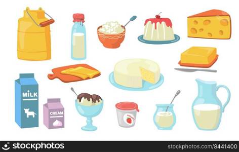 Dairy products flat icon set. Cartoon milk, butter, yogurt, cheese, sour and ice cream isolated vector illustration collection. Food and breakfast concept