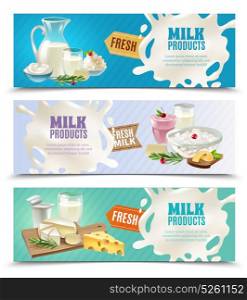 Dairy Products Horizontal Banners Set. Dairy products horizontal banners set with milk and ice cream cartoon isolated vector illustration