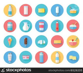 Dairy Products Icons Set. Different traditional dairy products from milk round icons set. Milk production, berry yogurt, cheese, sour milk, curd, ice cream. Assortment of dairy products. Natural traditional farm food in flat