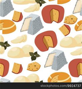 Dairy products of different content, seamless pattern of organic cheese sliced in pieces. Delicatessen assortment in shop or market. Cheddar and mozzarella, parmesan portion vector in flat style. Cheese slices, dairy products with herbs seamless pattern