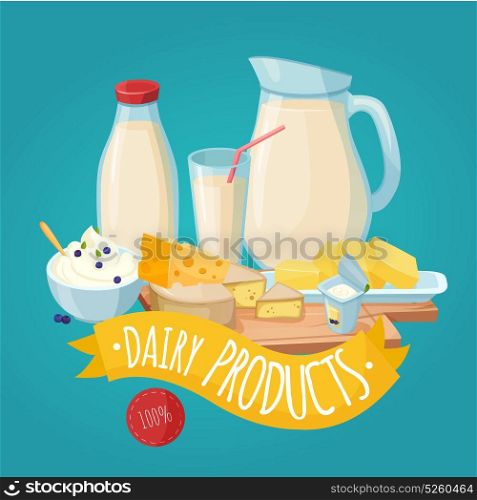 Dairy Products Poster. Dairy products poster with milk curd cheese butter yogurt and yellow ribbon on blue background vector illustration