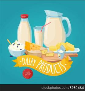 Dairy Products Poster. Dairy products poster with milk curd cheese butter yogurt and yellow ribbon on blue background vector illustration